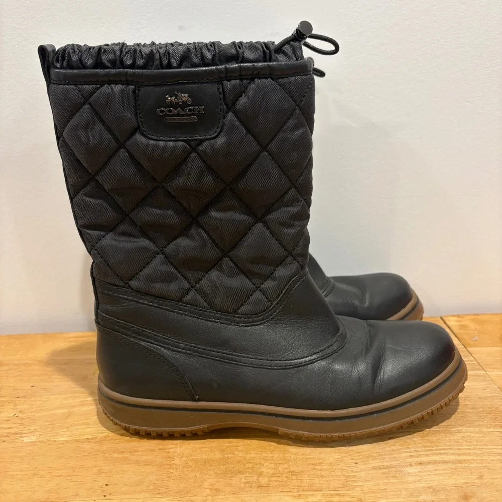Coach Samara Quilted Winter Boots Women Black Size 8B Leather Nylon Snow Boots